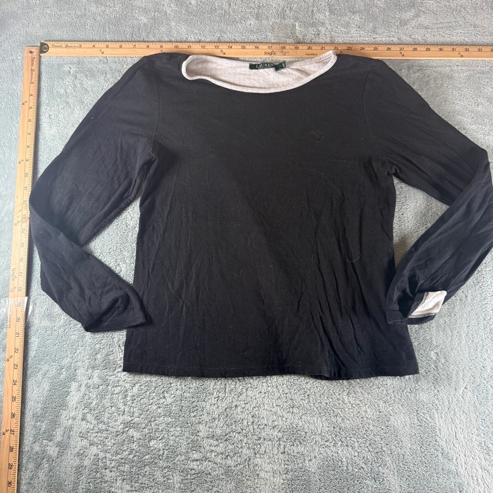 Lauren Ralph Lauren Womens Large Black Long Sleeve Cotton Blend Top RL Logo